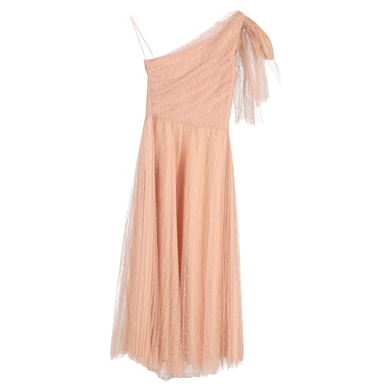 Rotes Valentino Midikleid aus beigefarbenem Polyester mit einem Träger, Falten und Point-d'Esprit-Tüll. - Image 2