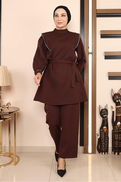 Stripe Detailed Anzug Braun - Image 1