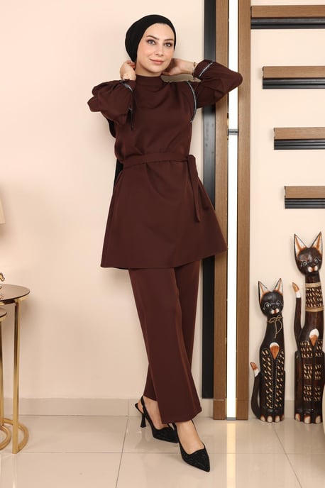 Stripe Detailed Anzug Braun - Image 3