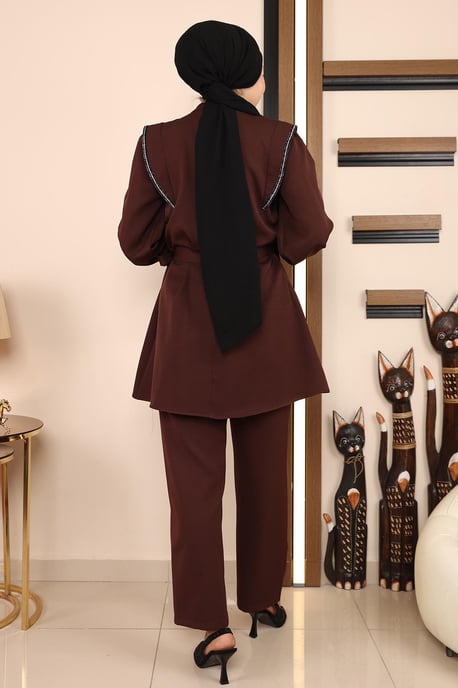 Stripe Detailed Anzug Braun - Image 4