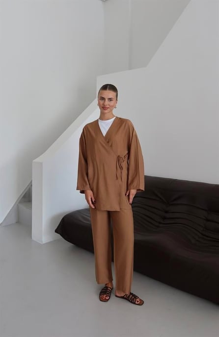 Knitterlook Textured Kimono Anzug Braun - Image 2