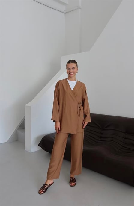Knitterlook Textured Kimono Anzug Braun - Image 3