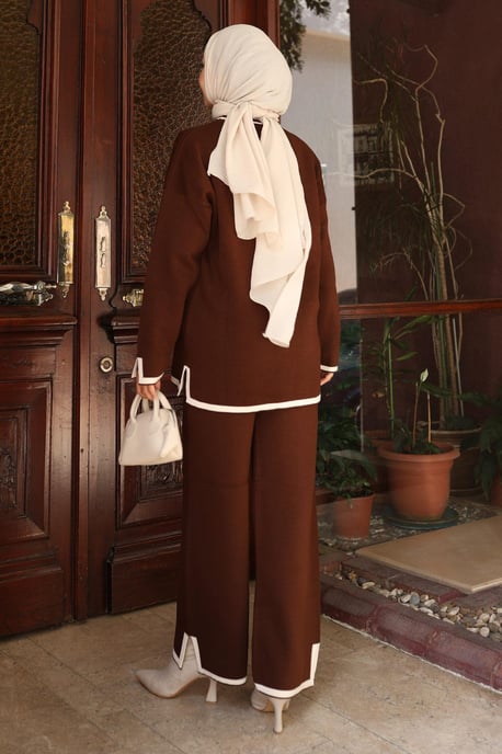 Schlitz Detailed Strickwaren Anzug Braun - Image 3