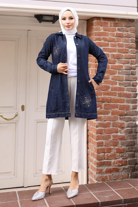 Stein Detailed Denim Hemd Dunkelblau-Denim - Image 1