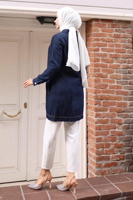 Stein Detailed Denim Hemd Dunkelblau-Denim - Image 3