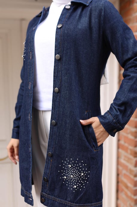 Stein Detailed Denim Hemd Dunkelblau-Denim - Image 4