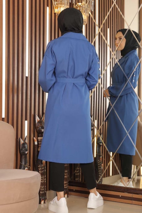 Knopf Detailed Trenchcoat Indigo - Image 4