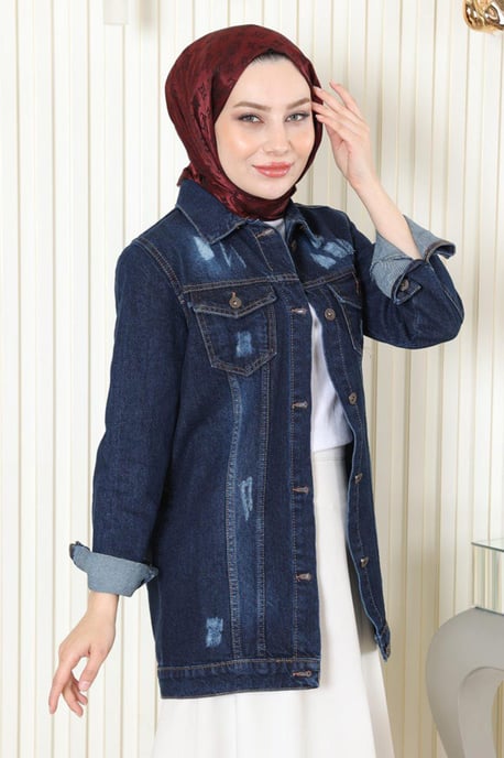 Geknöpft Denim Jacke Dunkelblau-Denim - Image 4