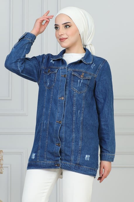 Laser Detailed Denim Jacke Blau - Image 1