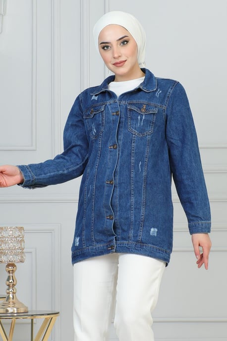 Laser Detailed Denim Jacke Blau - Image 2