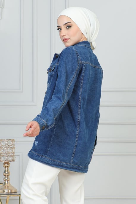 Laser Detailed Denim Jacke Blau - Image 3