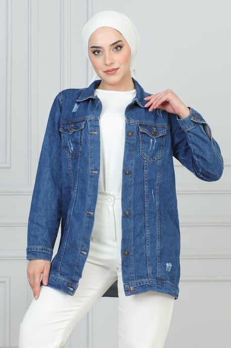 Laser Detailed Denim Jacke Blau - Image 4