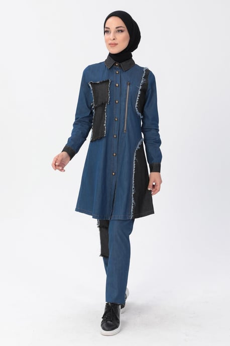 Reißverschluss Detail Hijab Denim-Outfit Dunkelblau - Image 2