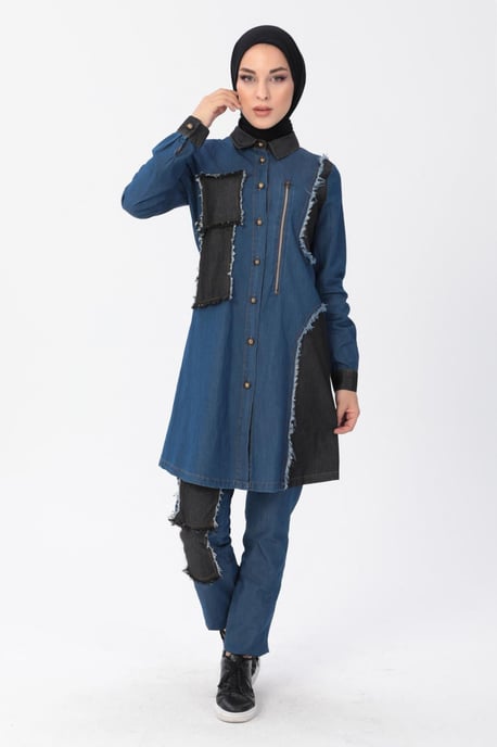 Reißverschluss Detail Hijab Denim-Outfit Dunkelblau - Image 3