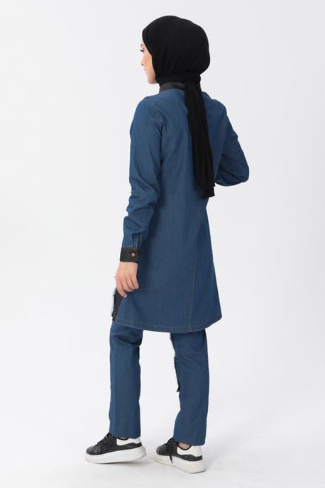 Reißverschluss Detail Hijab Denim-Outfit Dunkelblau - Image 4