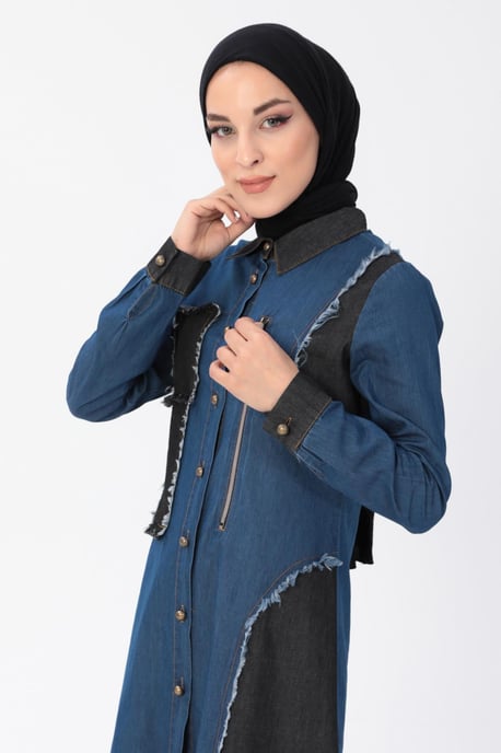 Reißverschluss Detail Hijab Denim-Outfit Dunkelblau - Image 5