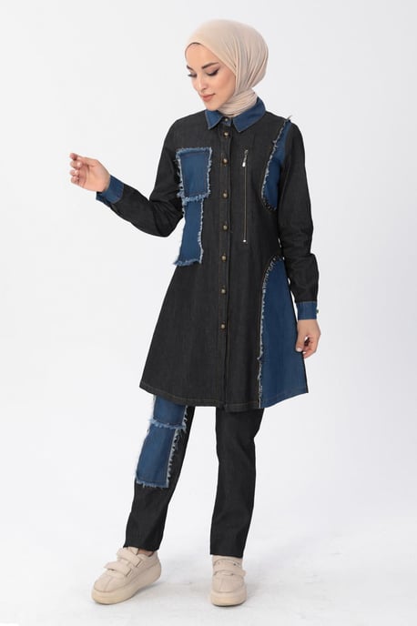Reißverschluss Detail Hijab Denim-Outfit Schwarz - Image 2
