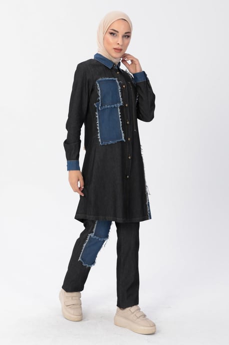 Reißverschluss Detail Hijab Denim-Outfit Schwarz - Image 3
