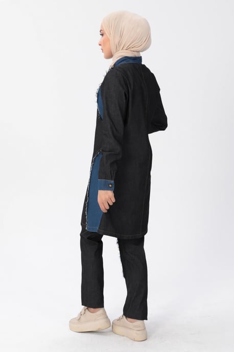 Reißverschluss Detail Hijab Denim-Outfit Schwarz - Image 4