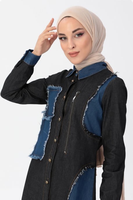 Reißverschluss Detail Hijab Denim-Outfit Schwarz - Image 5