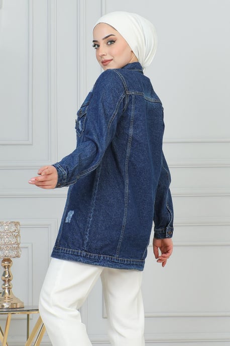 Denim Jacke With Laser Tasche Detail Dunkelblau - Image 3