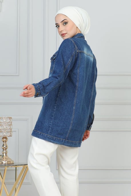 Geknöpft Denim Jacke Dunkelblau - Image 3