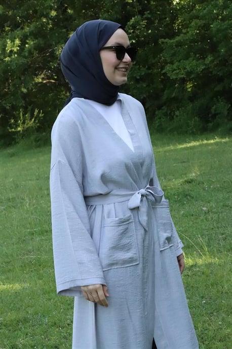 Damen's Tasche Mit Gürtel Lang Kimono Grau - Image 4