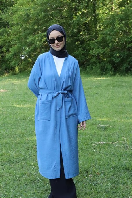 Damen's Tasche Mit Gürtel Lang Kimono Indigo - Image 4