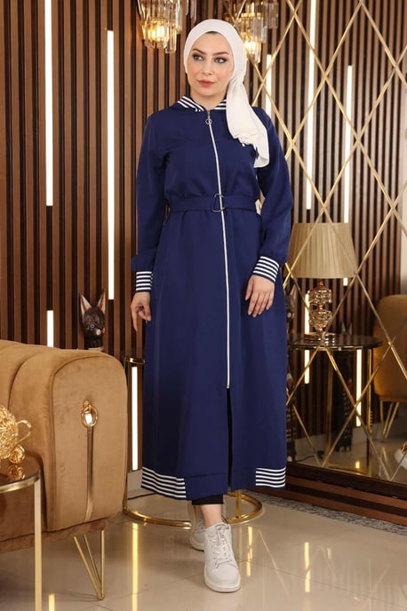 Mit Reißverschluss Kapuze Abaya Indigo - Image 2