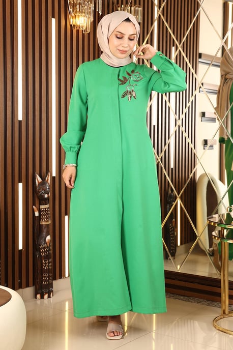 Bestickt Hijab Abaya Grün - Image 3