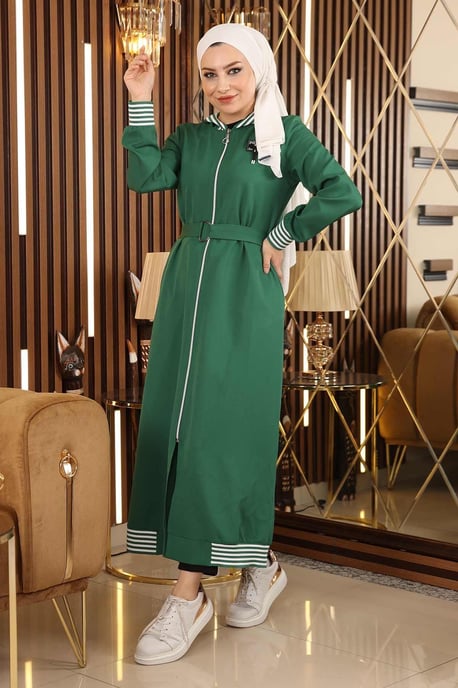 Mit Reißverschluss Kapuze Abaya Smaragdgrün - Image 3