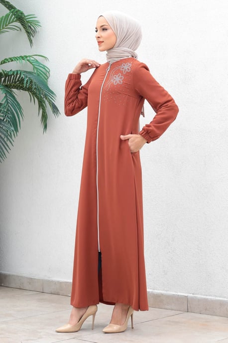Mit Reißverschluss Chiffon Evening Abaya Lachs - Image 2