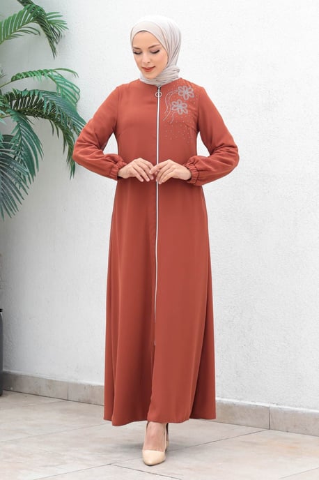 Mit Reißverschluss Chiffon Evening Abaya Lachs - Image 3