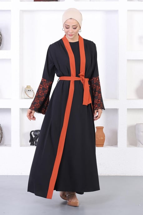 Spitzen Detailed Abaya Ziegelrot - Image 2
