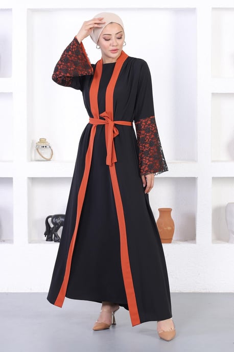 Spitzen Detailed Abaya Ziegelrot - Image 3