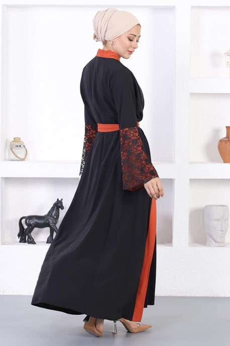 Spitzen Detailed Abaya Ziegelrot - Image 4