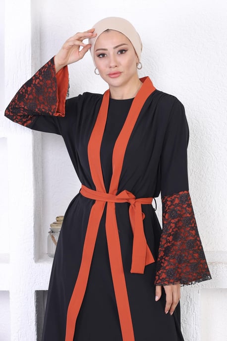 Spitzen Detailed Abaya Ziegelrot - Image 5