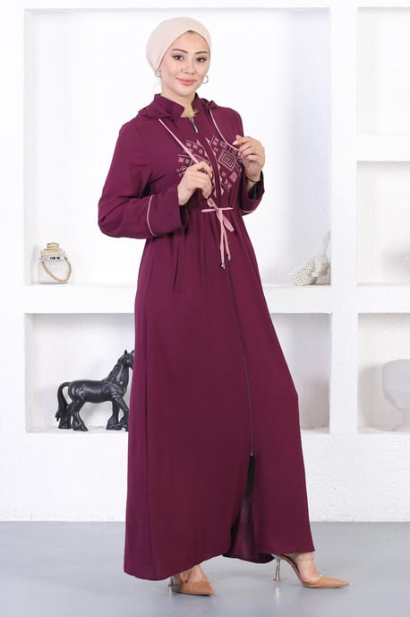Bestickt Kapuze Abaya Pflaume - Image 2
