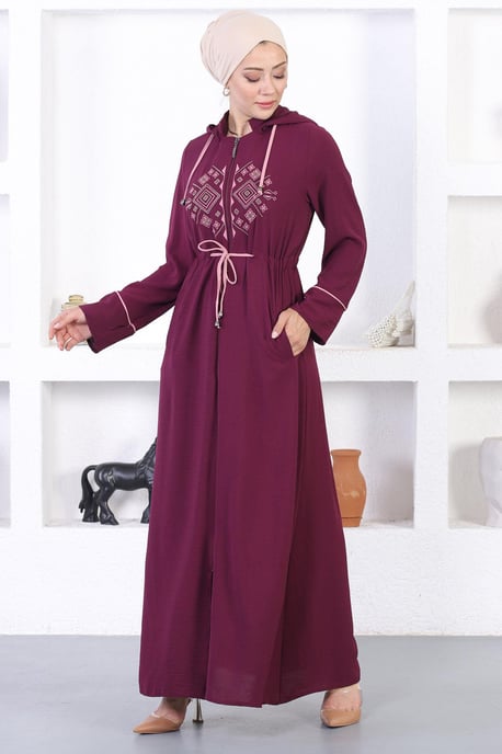 Bestickt Kapuze Abaya Pflaume - Image 3
