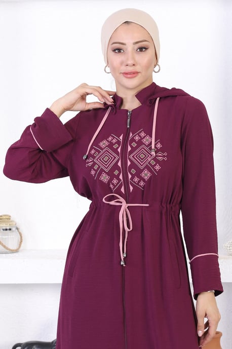 Bestickt Kapuze Abaya Pflaume - Image 5