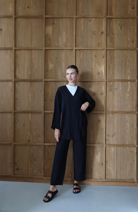 Knitterlook Textured Kimono Anzug Schwarz - Image 2