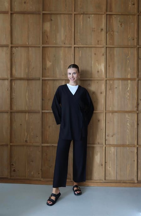 Knitterlook Textured Kimono Anzug Schwarz - Image 3