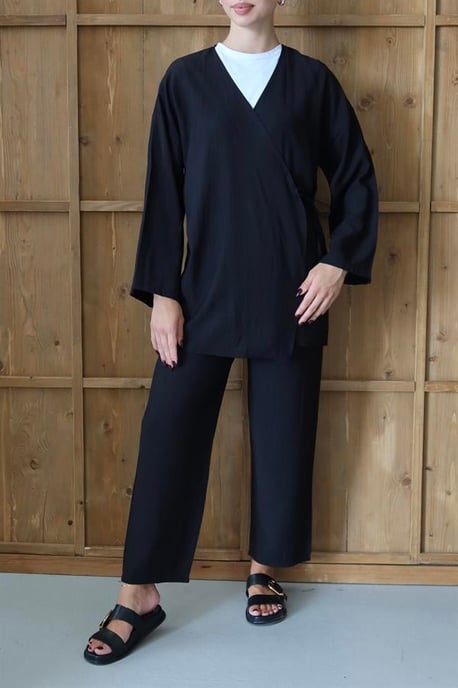 Knitterlook Textured Kimono Anzug Schwarz - Image 5