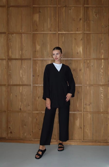 Knitterlook Textured Kimono Anzug Schwarz - Image 6
