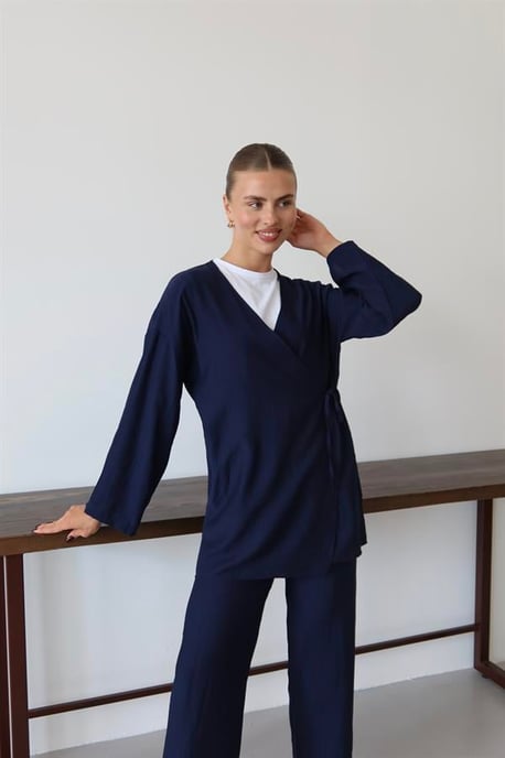 Knitterlook Textured Kimono Anzug Marineblau - Image 4