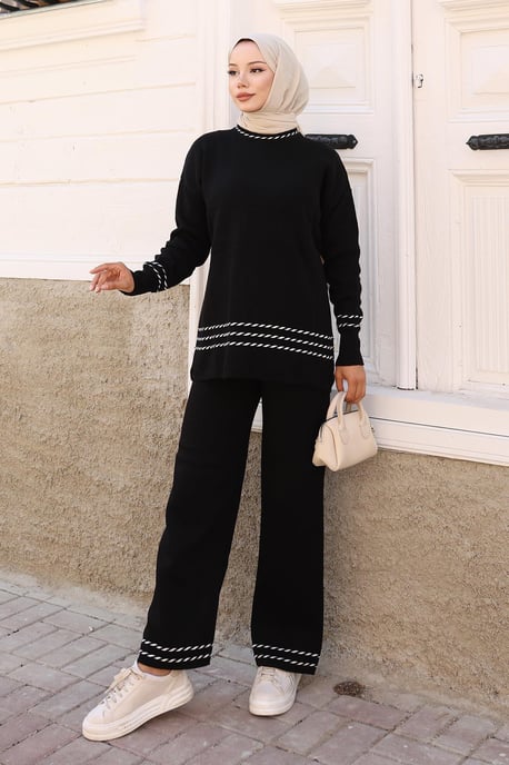 Stripe Detailed Strickwaren Anzug Schwarz - Image 1