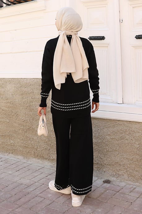 Stripe Detailed Strickwaren Anzug Schwarz - Image 3