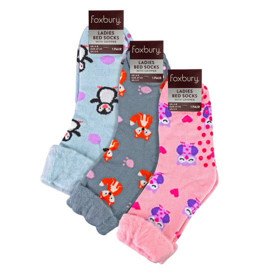 3er Pack Damenbett-Socken mit Grips | Süßes Tiermotiven Fluffy Rutschsocken - Image 3