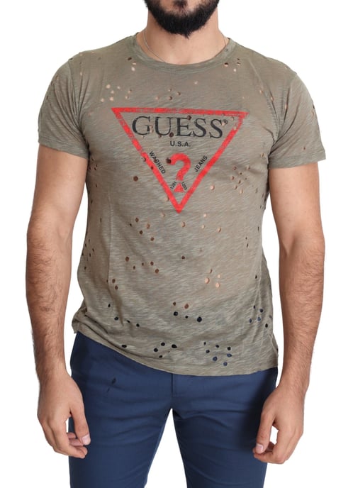 Guess Braun Baumwolle Stretch Logo Druck Herren Freizeit Perforiertes T-Shirt - Image 1