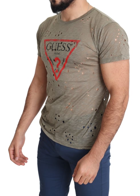 Guess Braun Baumwolle Stretch Logo Druck Herren Freizeit Perforiertes T-Shirt - Image 4